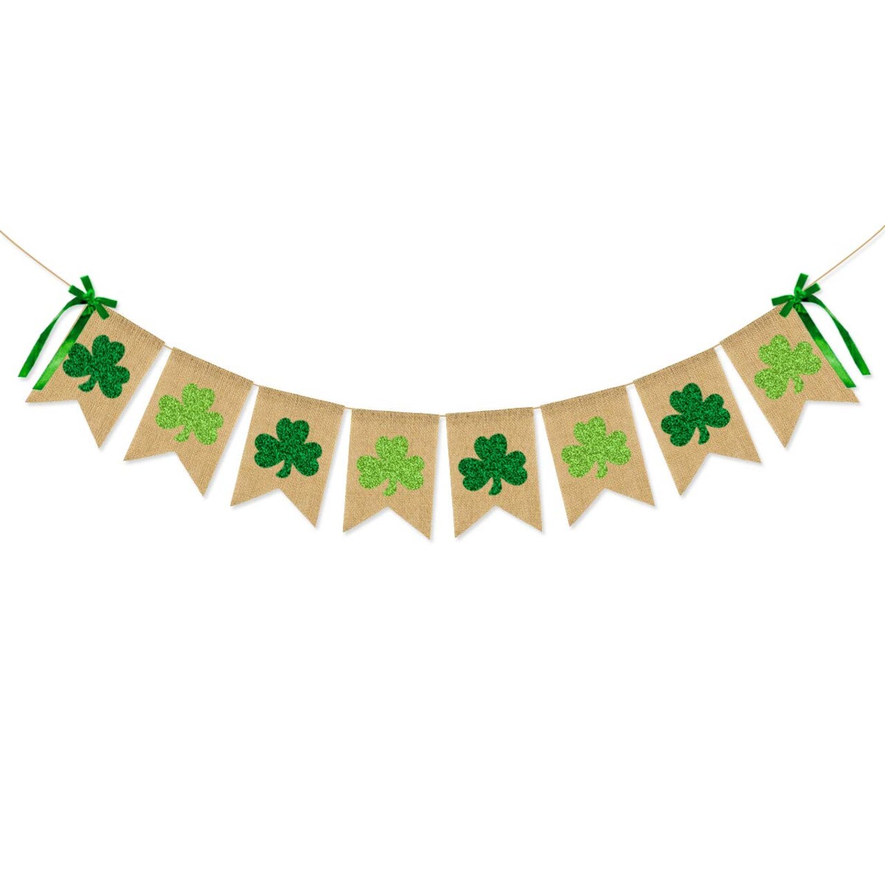 Glittery Shamrock Burlap Banner St. Patrick's Day Green Shamrock Clover Banner Garland with Bows Saint Patrick's Day Party Decorations for Irish Lucky Day St. Patty’s Day Home Outdoor Decor